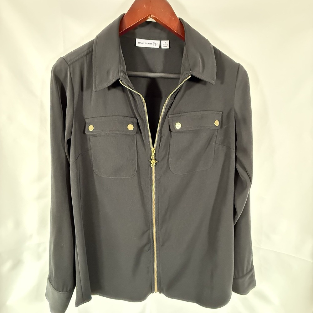 Black Long Sleeve Suzan Craver Zip Up 3/4 Adjustable Sleeves, Gold Detailing 2 - Picture 1 of 7